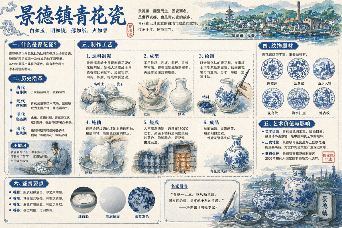 景德镇青花瓷 - 中国传统工艺科普图